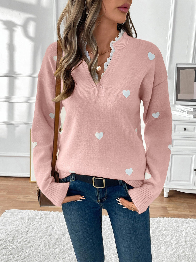 Women's Heart Print Sweater V Neck Scalloped Trim Long Sleeve