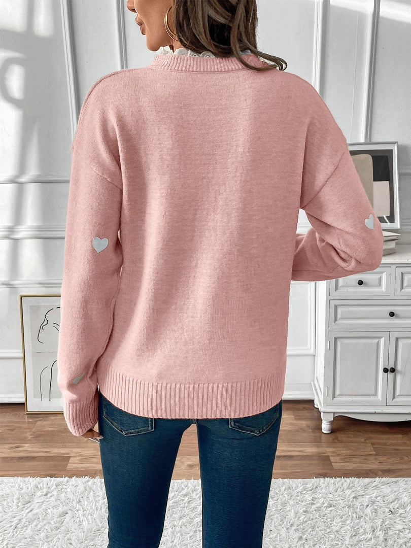 Women's Heart Print Sweater V Neck Scalloped Trim Long Sleeve