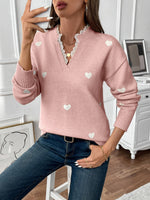 Load image into Gallery viewer, Women's Heart Print Sweater V Neck Scalloped Trim Long Sleeve
