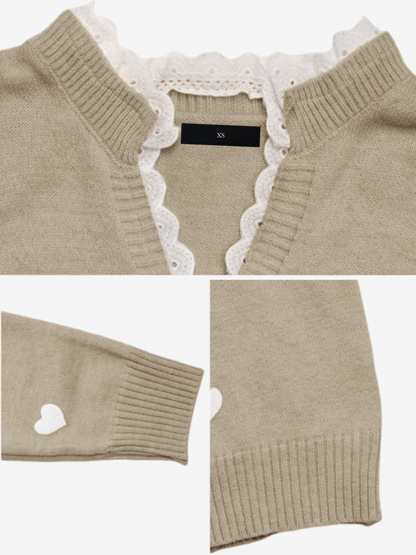 Women's Heart Print Sweater V Neck Scalloped Trim Long Sleeve