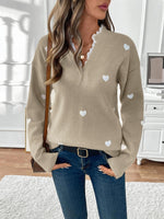 Load image into Gallery viewer, Women's Heart Print Sweater V Neck Scalloped Trim Long Sleeve
