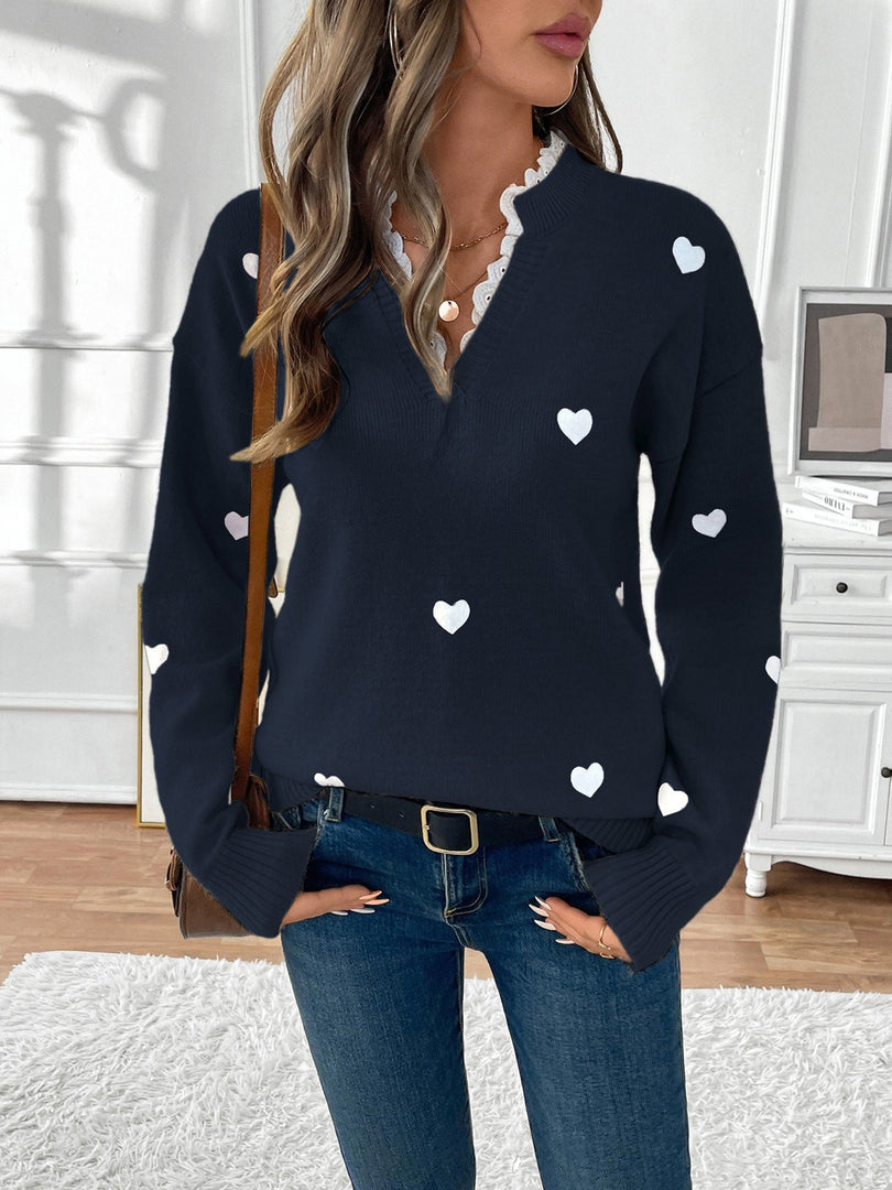 Women's Heart Print Sweater V Neck Scalloped Trim Long Sleeve