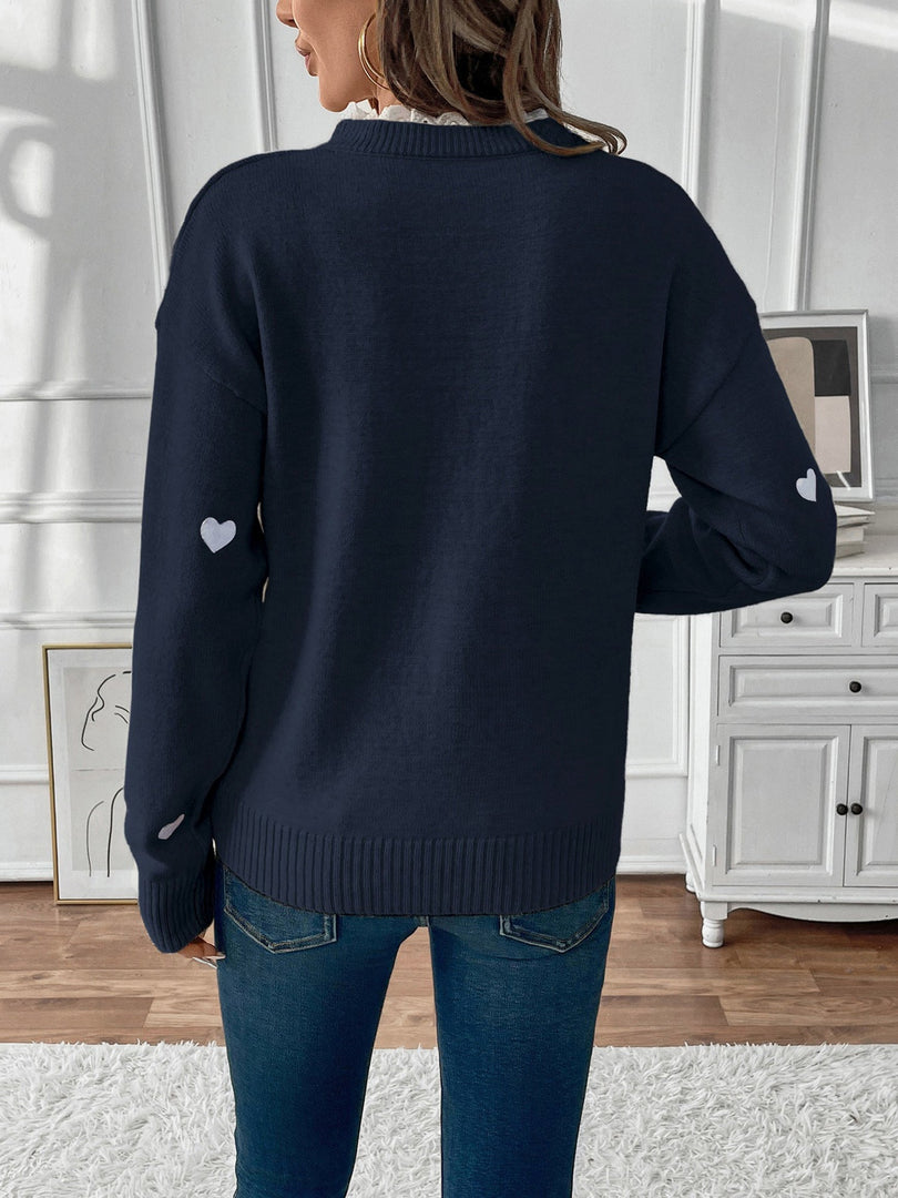 Women's Heart Print Sweater V Neck Scalloped Trim Long Sleeve