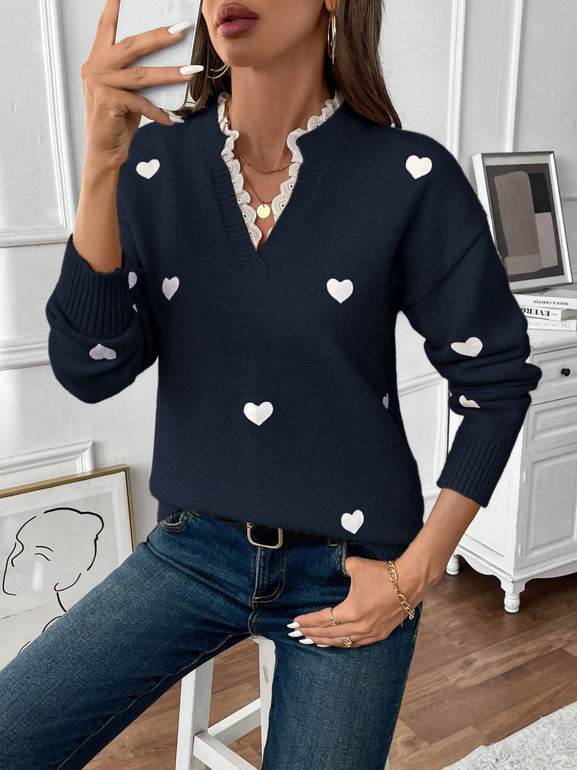 Women's Heart Print Sweater V Neck Scalloped Trim Long Sleeve