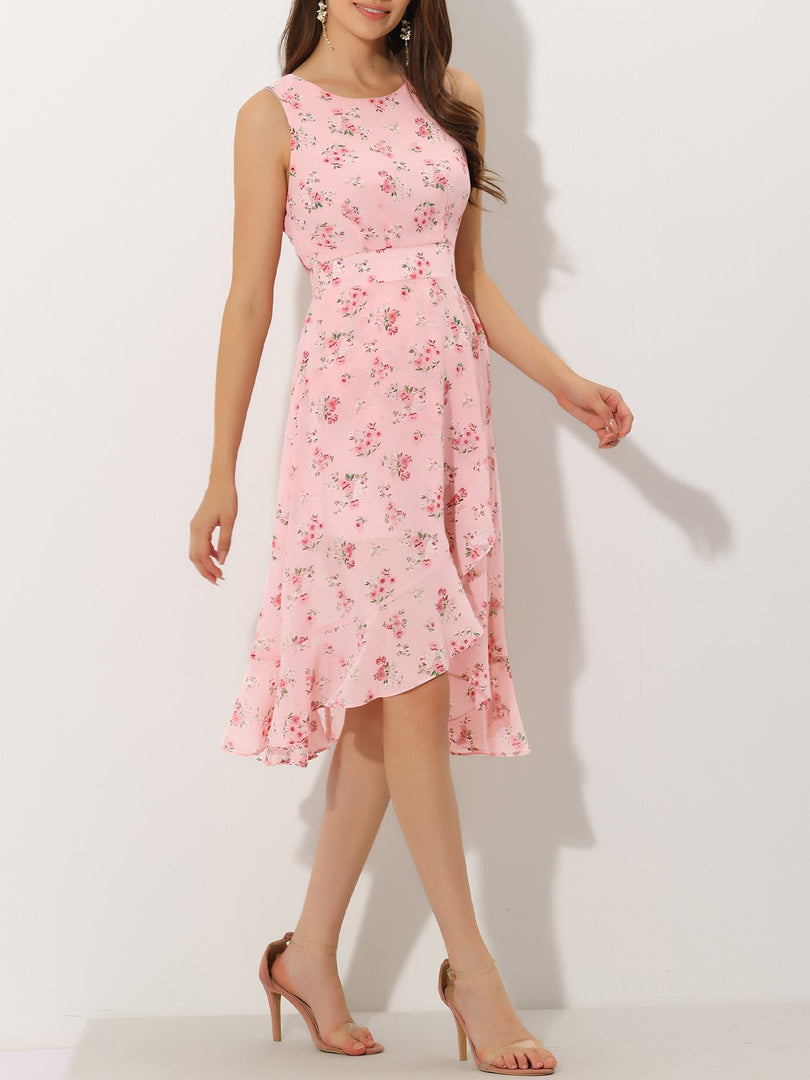 Women's Pink Dress Floral Print Sleeveless High Low Hem