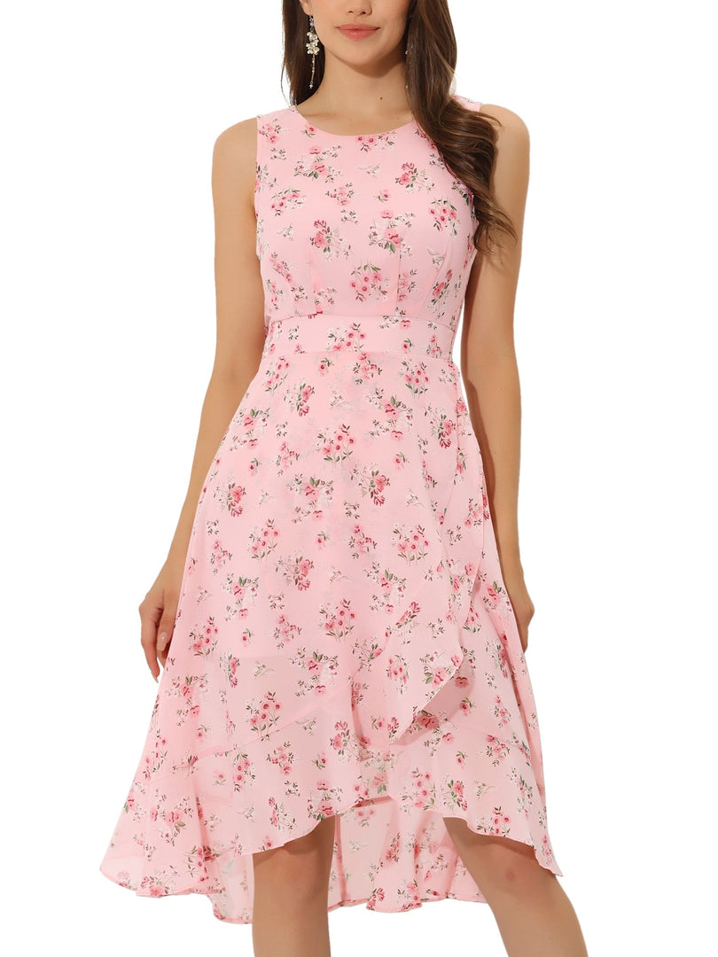 Women's Pink Dress Floral Print Sleeveless High Low Hem