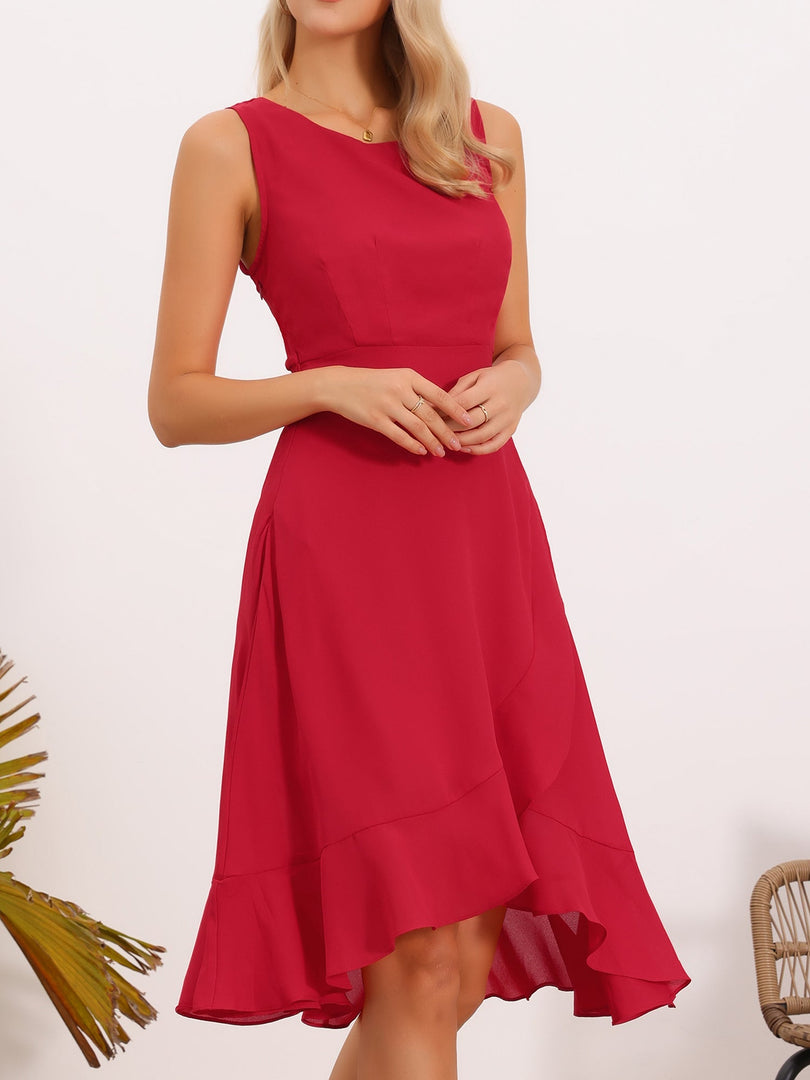 Women's Red Midi Dress Boat Neck Sleeveless Ruffle Hem Asymmetric Style
