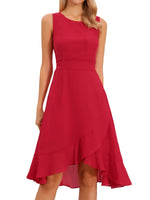 Load image into Gallery viewer, Women's Red Midi Dress Boat Neck Sleeveless Ruffle Hem Asymmetric Style
