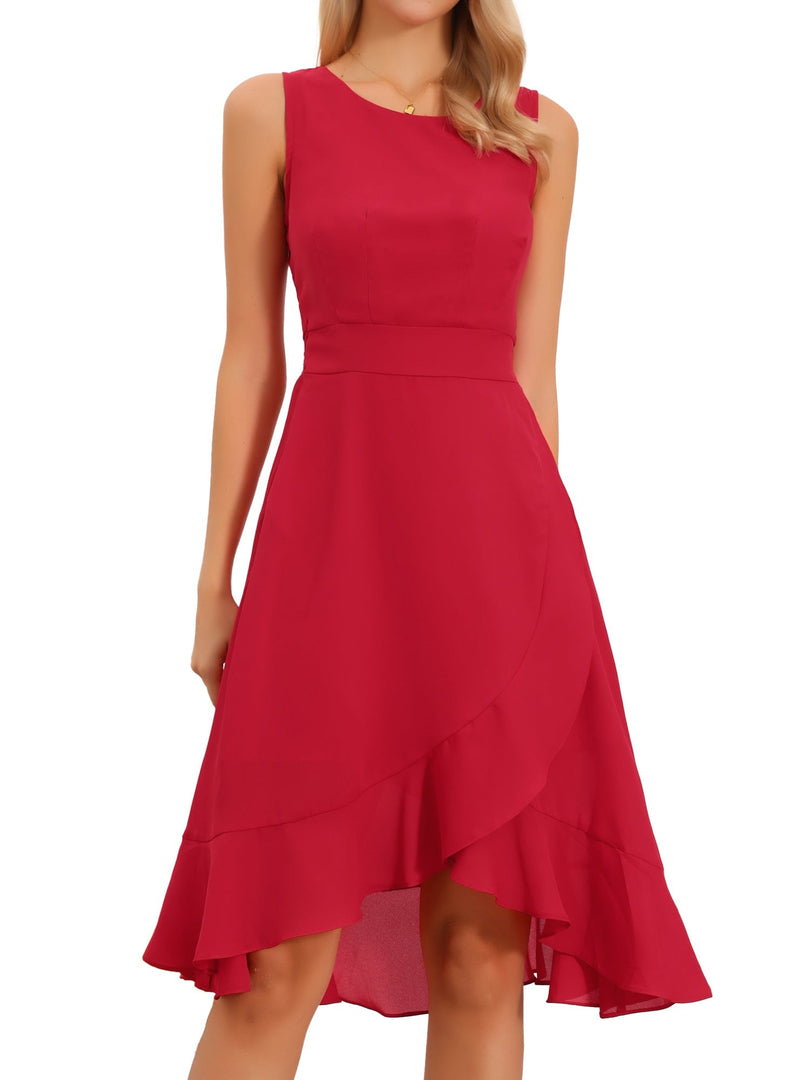 Women's Red Midi Dress Boat Neck Sleeveless Ruffle Hem Asymmetric Style