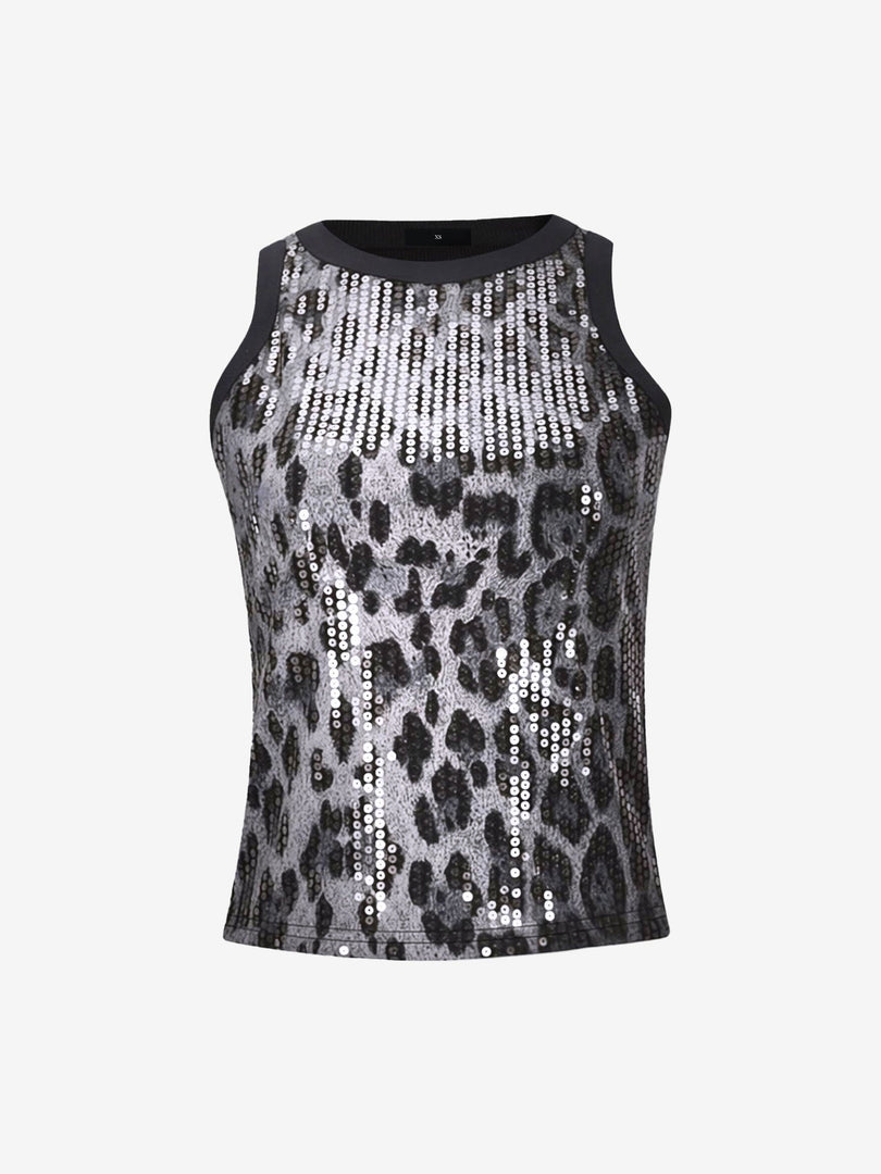 Women's Leopard Blouses High Neck Sleeveless Fitted Tank Top Style