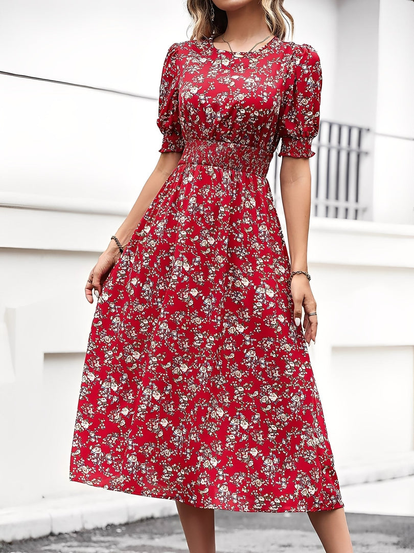 Women's Red Floral Dress Puff Sleeve High Low Flowy Midi Style