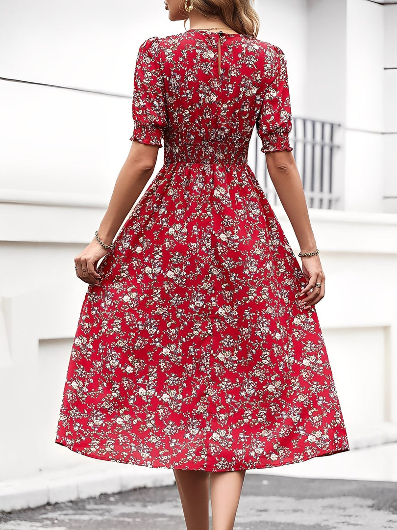Women's Red Floral Dress Puff Sleeve High Low Flowy Midi Style
