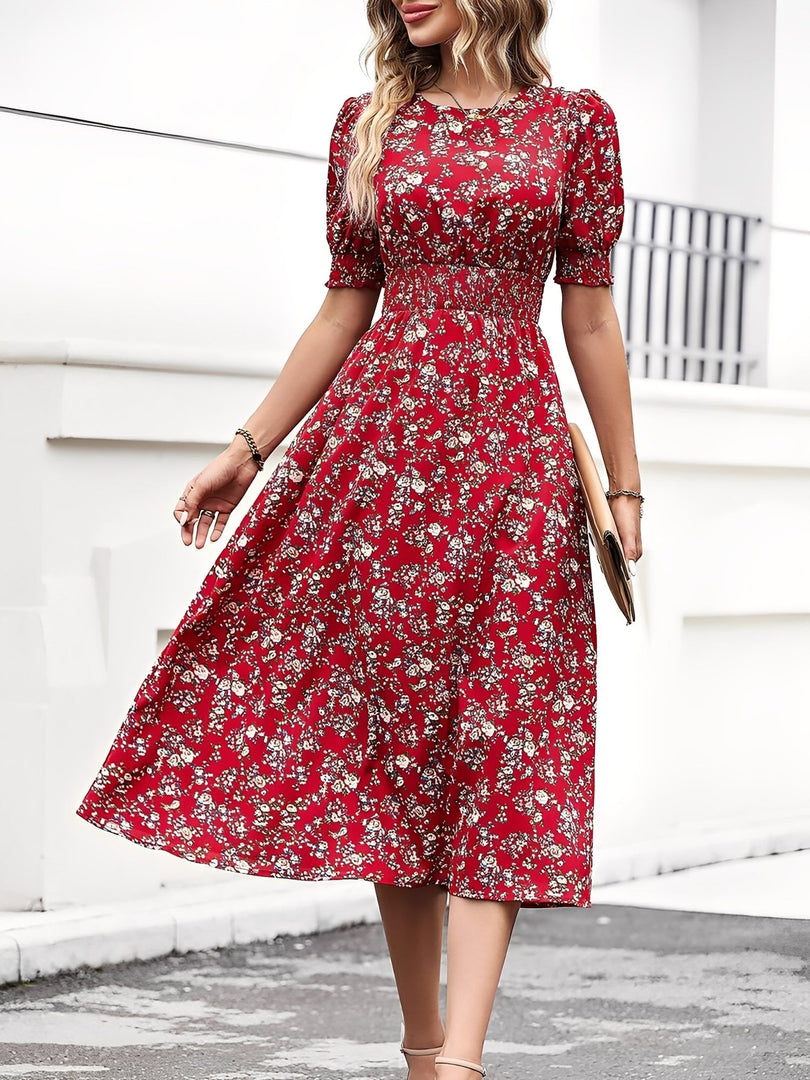 Women's Red Floral Dress Puff Sleeve High Low Flowy Midi Style