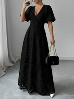 Load image into Gallery viewer, Women's Black Tie Dress Lace V Neck Puff Sleeve Maxi
