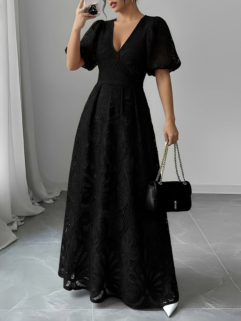 Women's Black Tie Dress Lace V Neck Puff Sleeve Maxi