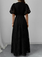 Women's Black Tie Dress Lace V Neck Puff Sleeve Maxi