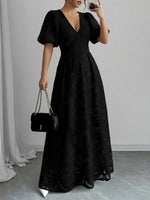 Load image into Gallery viewer, Women's Black Tie Dress Lace V Neck Puff Sleeve Maxi
