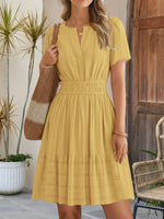 Load image into Gallery viewer, Women's Yellow Midi Dress Notch Neck Smocked Waist Tiered Skirt
