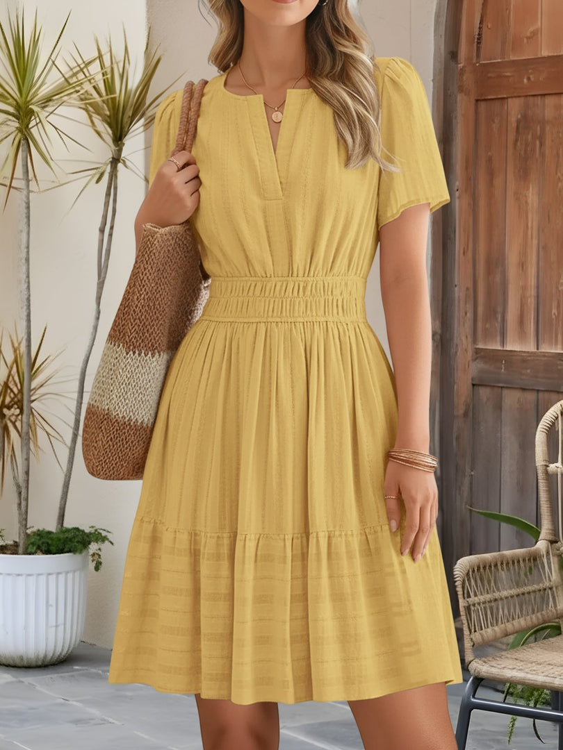 Women's Yellow Midi Dress Notch Neck Smocked Waist Tiered Skirt
