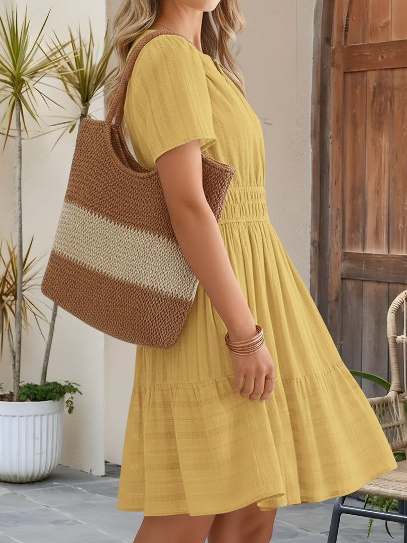 Women's Yellow Midi Dress Notch Neck Smocked Waist Tiered Skirt