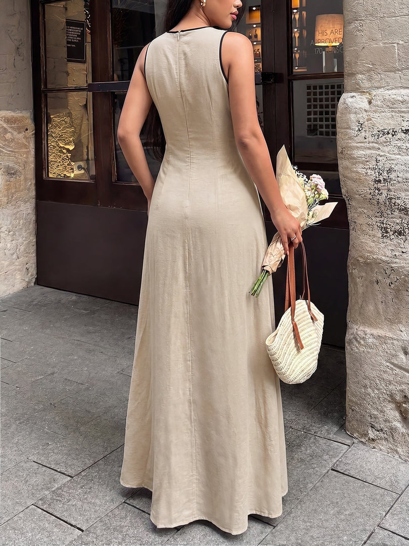 Women's Khaki a Line Wedding Dress V Neck Tie Front Linen