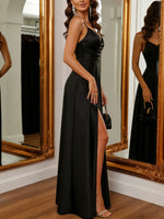Load image into Gallery viewer, Women's Black Tie Dress V Neck Open Back Side Slit Satin

