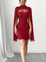 Load image into Gallery viewer, Women's Sequin Birthday Dress Cutout High Neck Cape Sleeve
