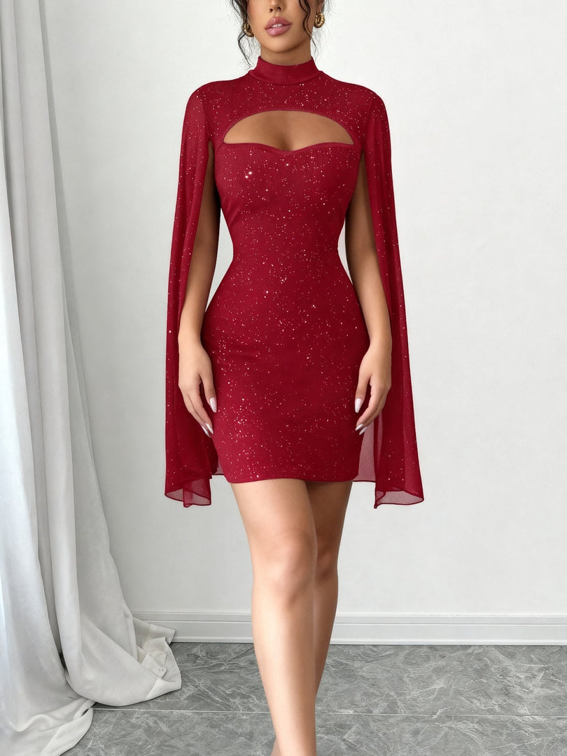 Women's Sequin Birthday Dress Cutout High Neck Cape Sleeve