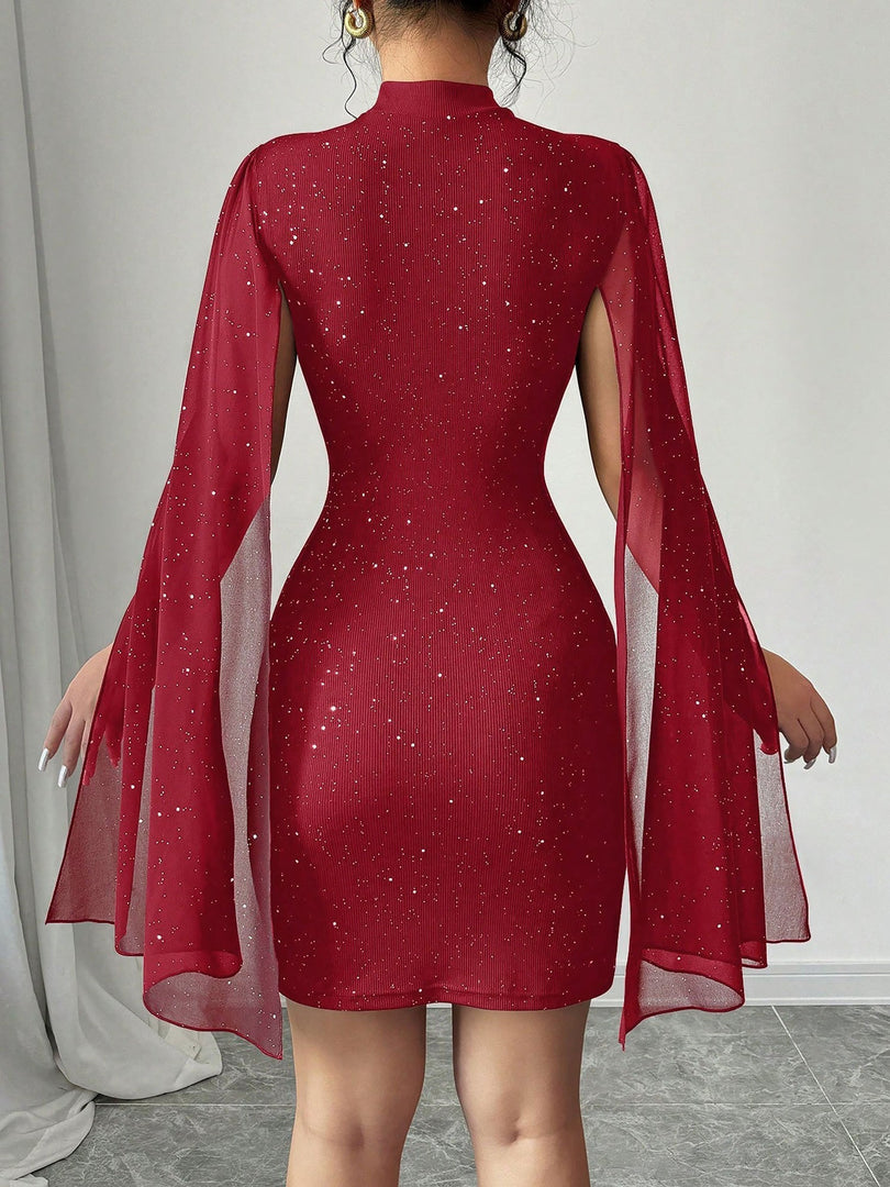 Women's Sequin Birthday Dress Cutout High Neck Cape Sleeve