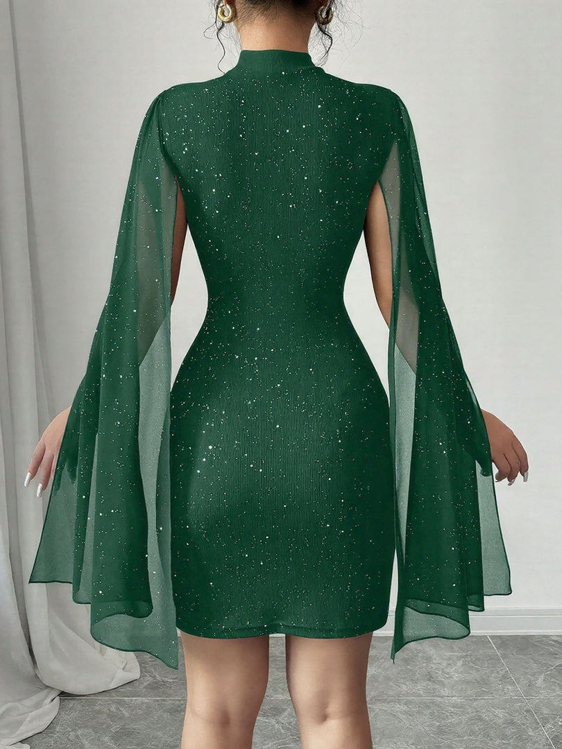 Women's Sequin Birthday Dress Cutout High Neck Cape Sleeve