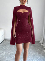 Load image into Gallery viewer, Women's Sequin Birthday Dress Cutout High Neck Cape Sleeve
