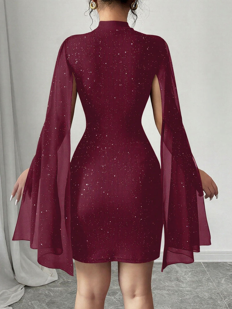 Women's Sequin Birthday Dress Cutout High Neck Cape Sleeve