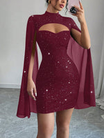 Load image into Gallery viewer, Women's Sequin Birthday Dress Cutout High Neck Cape Sleeve
