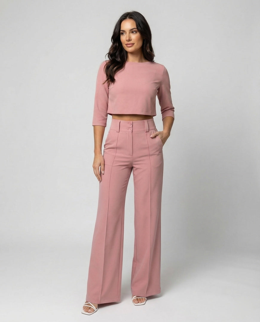 Women's Two Piece Set Crop Top Elbow Sleeve High Waist Wide Leg Pants Casual Elegant Style