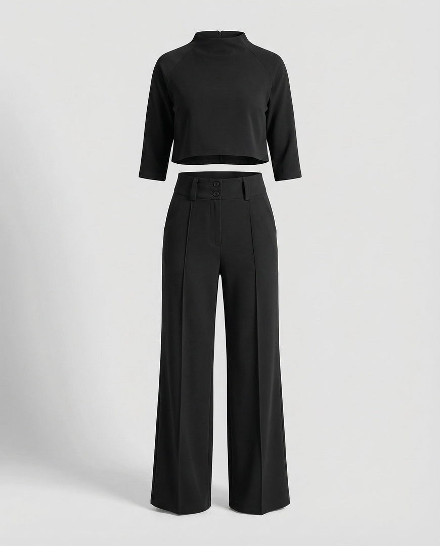 Women's Two Piece Set Crop Top Elbow Sleeve High Waist Wide Leg Pants Casual Elegant Style