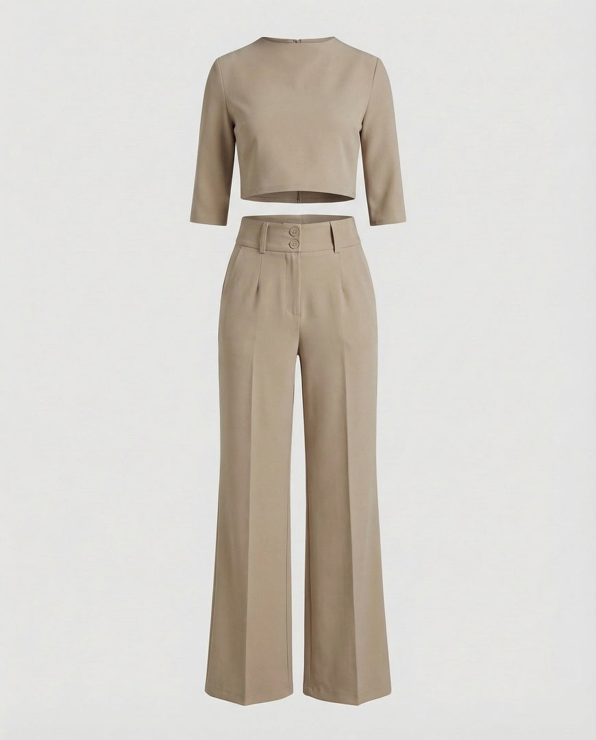 Women's Two Piece Set Crop Top Elbow Sleeve High Waist Wide Leg Pants Casual Elegant Style