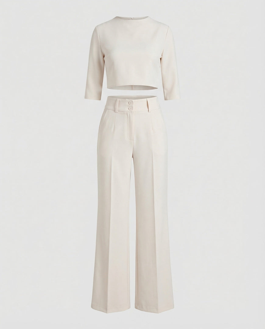 Women's Two Piece Set Crop Top Elbow Sleeve High Waist Wide Leg Pants Casual Elegant Style