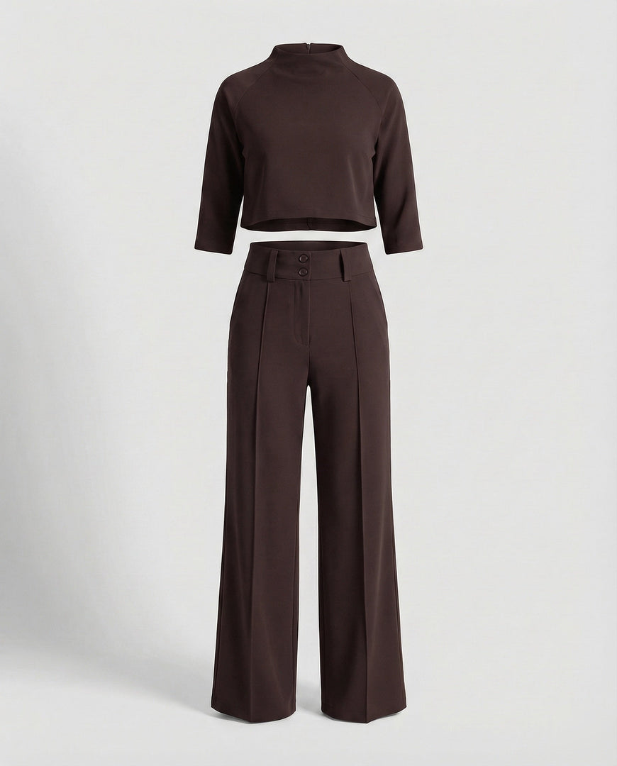 Women's Two Piece Set Crop Top Elbow Sleeve High Waist Wide Leg Pants Casual Elegant Style