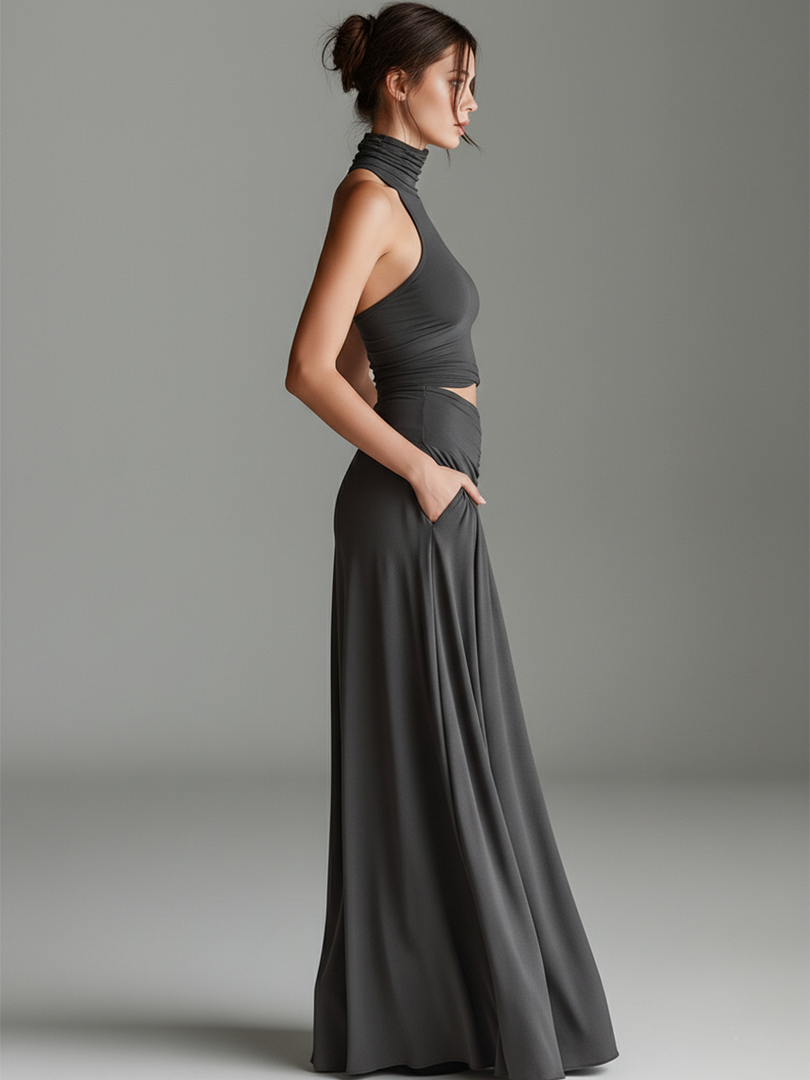 Women's Gray Maxi Dress Turtleneck Halter Cutout Waist Ruched Skirt Sleeveless Formal Style