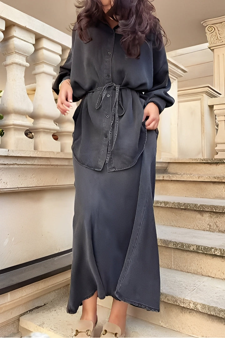 Women's Long Sleeve Shirt and Skirt Set Drawstring Waist