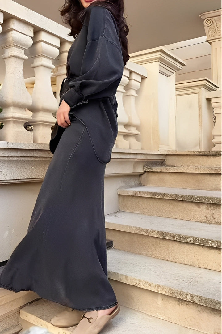 Women's Long Sleeve Shirt and Skirt Set Drawstring Waist