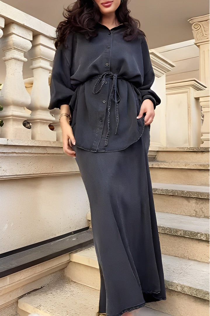 Women's Long Sleeve Shirt and Skirt Set Drawstring Waist