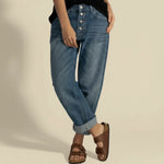 Load image into Gallery viewer, Women's Relaxed Blue High Waisted Jeans Curved Cuffed Style
