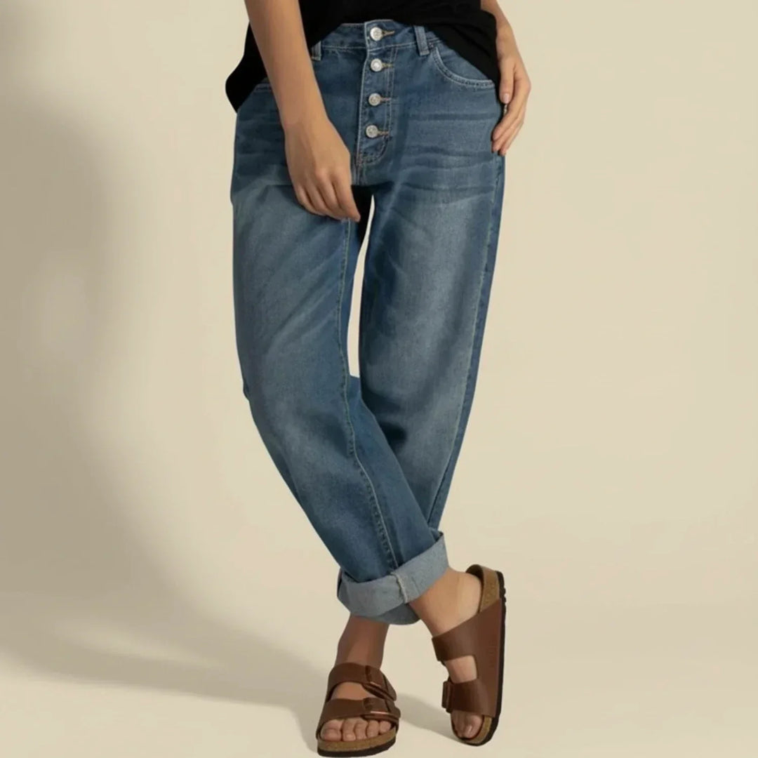 Women's Relaxed Blue High Waisted Jeans Curved Cuffed Style