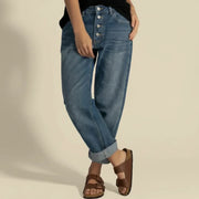 Women's Relaxed Blue High Waisted Jeans Curved Cuffed Style