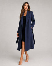 Women's Navy Trench Coat Belted Wool-Blend Long Lapel Style