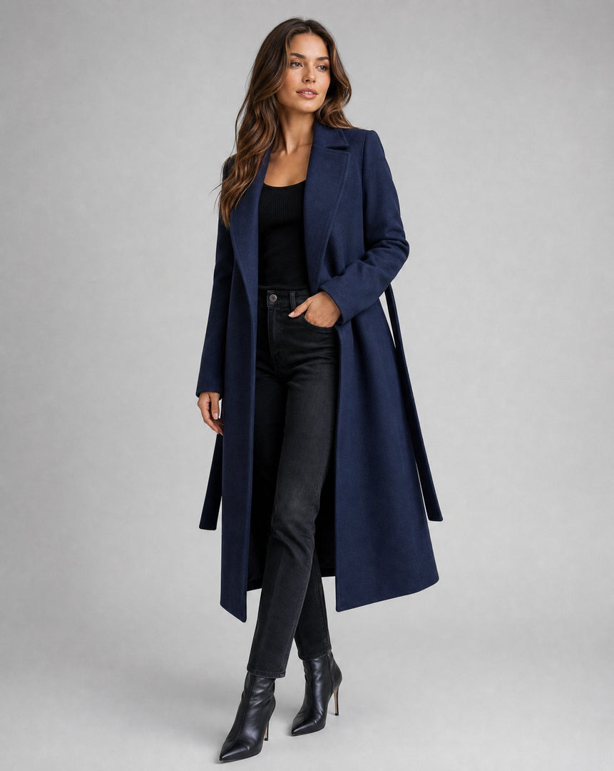 Women's Navy Trench Coat Belted Wool-Blend Long Lapel Style