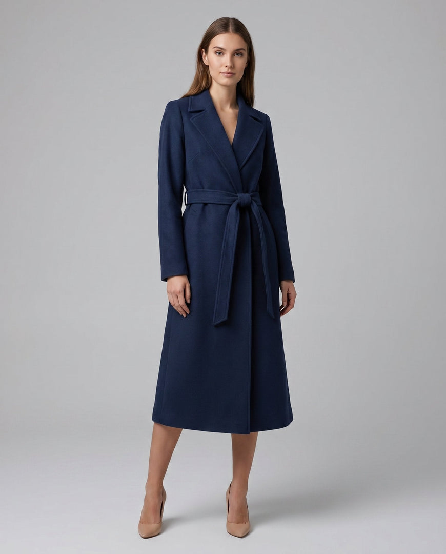 Women's Navy Trench Coat Belted Wool-Blend Long Lapel Style
