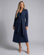 Load image into Gallery viewer, Women's Navy Trench Coat Belted Wool-Blend Long Lapel Style
