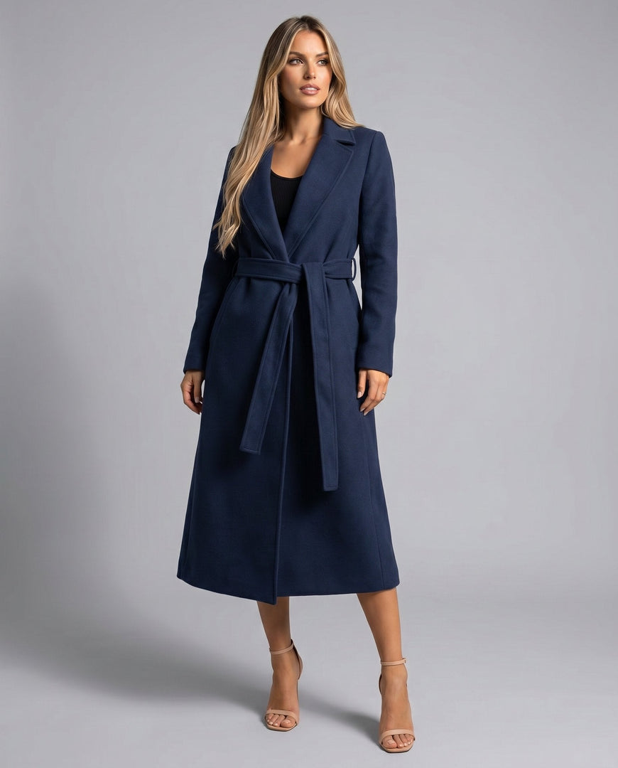 Women's Navy Trench Coat Belted Wool-Blend Long Lapel Style